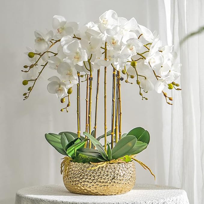DUYONE 35 Inch Artificial Butterfly Orchid Flowers 4 Pcs Soft Touch Orchid Fake Phalaenopsis Flowers Stem Plants for Wedding Home Decoration (White Flowers 4pcs)
