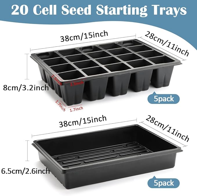 RooTrimmer 2.5 inch Square Pots 3.5 inch Deep 20 Cell Seedling Trays with Water Collection Nursery Trays (15"x11"x3") for Seeds Starting and Transplanting(5 Sets)