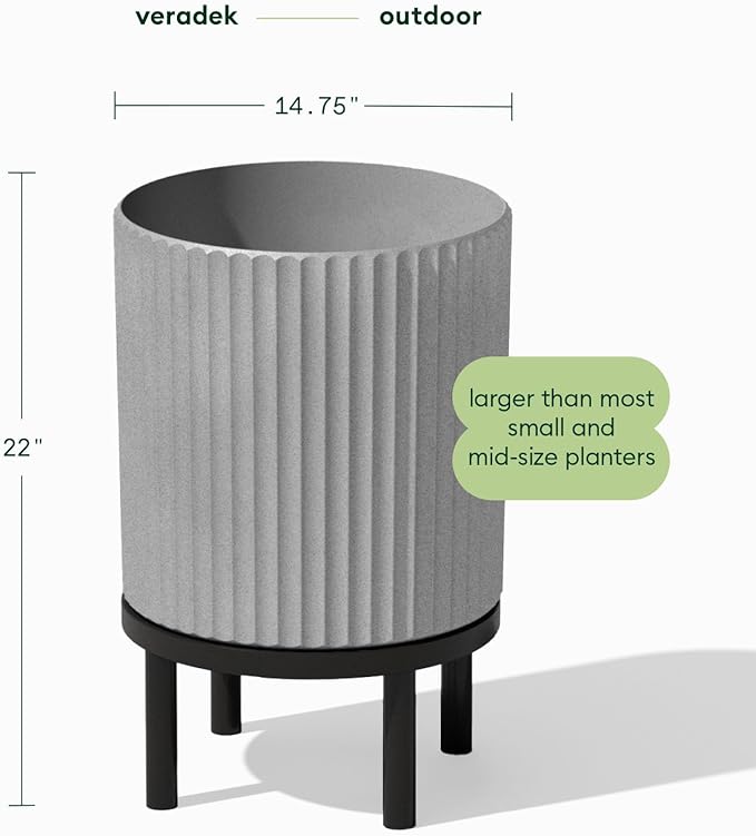 Veradek Demi Series Round Planter w/Stand for Porch/Patio | Durable Plastic-Stone Composite & Wooden Stand | Modern Décor for Tall Plants, Flowers