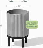 Veradek Demi Series Round Planter w/Stand for Porch/Patio | Durable Plastic-Stone Composite & Wooden Stand | Modern Décor for Tall Plants, Flowers