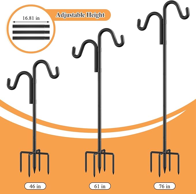 76" Double Hooks Heavy Duty Adjustable Bird Feeder Pole with Sturdy 5-Prong Base, Height Adjustable Shepherds Hook for Hanging Feeders, Plants, Solar Lanterns & Wind Chimes (2026 Upgrade)