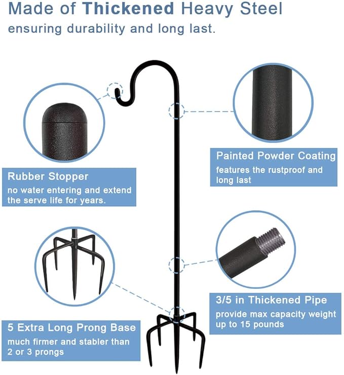 Artigarden 92 Inch Outdoor Shepherd Hooks with 5 Pronger Base (2 Packs), Adjustable Heavy Duty Garden Hanging Stand Holder for Bird Feeders Lanterns Planter Hanger, Matte Black