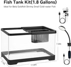 1.8 Gallon Beta Fish Tank Aquariums Kits - Clear Small Fish Bowl Starter Kit with LED Light, Water Filter Pump, Hydroponic Basket - Beginner's Gift for Guppy Shrimp Goldfish, Rectangular