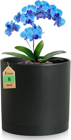 WSMKSZ 8 Inch Medium Plant Pots for Indoor Outdoor Plants, Cylinder Deep Flower Pots with Drainage Holes & Saucer, Decorative Plastic Planter Pots for Garden House Plants, Black