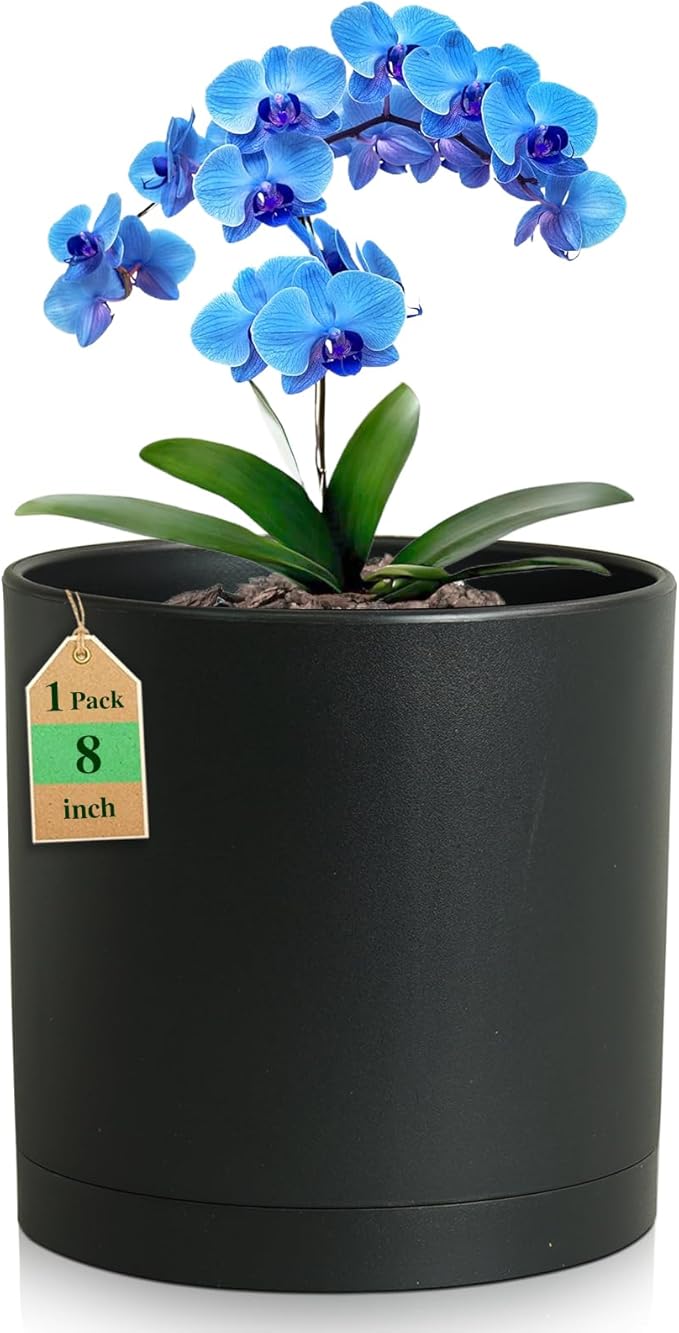 WSMKSZ 8 Inch Medium Plant Pots for Indoor Outdoor Plants, Cylinder Deep Flower Pots with Drainage Holes & Saucer, Decorative Plastic Planter Pots for Garden House Plants, Black