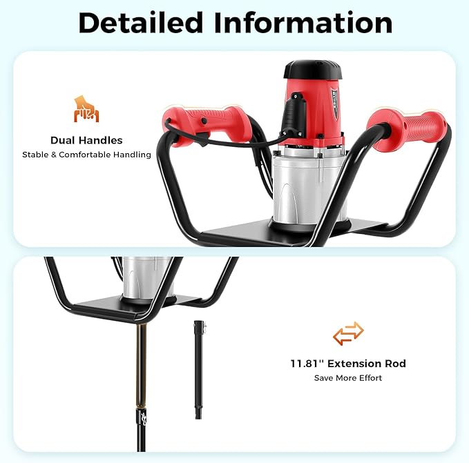 1500W Electric Post Hole Digger with 6-inch Auger Bit & Extension Rod, 1.6HP Pure Copper Motor Earth Auger Post Hole Digger for Fence Post Digging, Tree Planting, 190-200 RPM High Rotational Speed