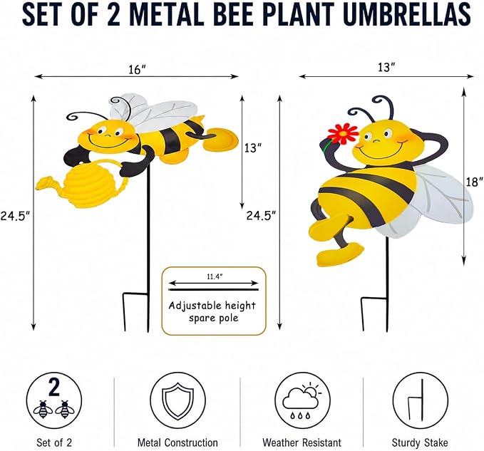 2 Pack Metal Bee Plant Umbrellas for Outdoor Plants, 24.6 Inch Decorative Plant Shade Cover, Cute Bee Garden Stakes Outdoor for Small Potted Plants, Flower Pots, Planters, Patio Porch Decor