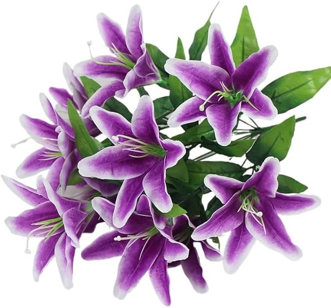 Fake Flower Simulation Flower 10 Lily Bouquet Orchid Perfume Lily Living Room Flower Arrangement Props Plastic Silk Flower(Purple)