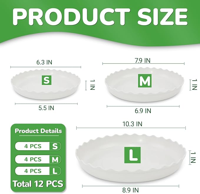 12 Packs Wave Plant Saucer - Plastic Flower Pot Drip Trays/Durable Heavy Duty White Planter Water Tray for Indoor and Outdoor Garden(6/8/10 inch)
