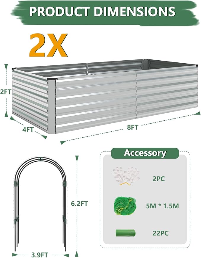 FOOWIN Raised Garden Bed with Arch Trellis for Climbing Plants,Galvanized Raised Garden Bed,Planter Boxes Outdoor for Vegetables Flowers Herb,478 Gallon Capacity Silver