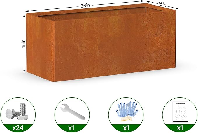 Co rten Steel Planters, 36X15X15 inch Large Rectangular Trough, All-Weather Rust-Resistant Design for Porch, Patio, Garden, Brown
