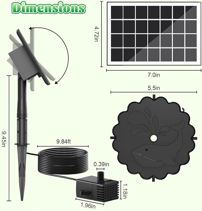Jutai Detachable Floating Solar Fountain Kit -No Battery, DIY 3.5W Glass Solar Panel Water Pump Works in Shadow for Bird Bath, Water Feature,Garden, Outdoor-7 Nozzles,9.8ft Power Cord