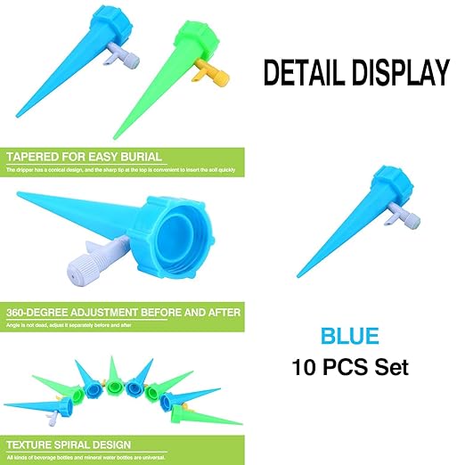 10 Pack Self Watering Spikes for Plant,Indoor & Outdoor Automatic Plants Waterer,Plug-in Device with Adjustable Valve Switch, self Watering Planter Insert (10 Blue Ones)