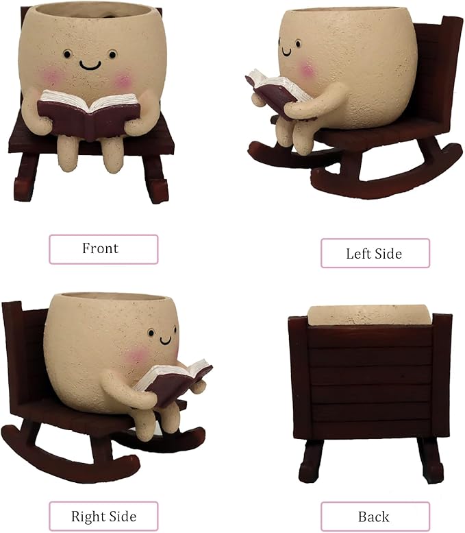 Dolkgy Cute Face Planters Succulent Pots, Funny Rocking Chair Reading Head Flower Planter Cactus Pot with Drainage Hole for Indoor Outdoor Plants, Unique Plant Lover Gifts