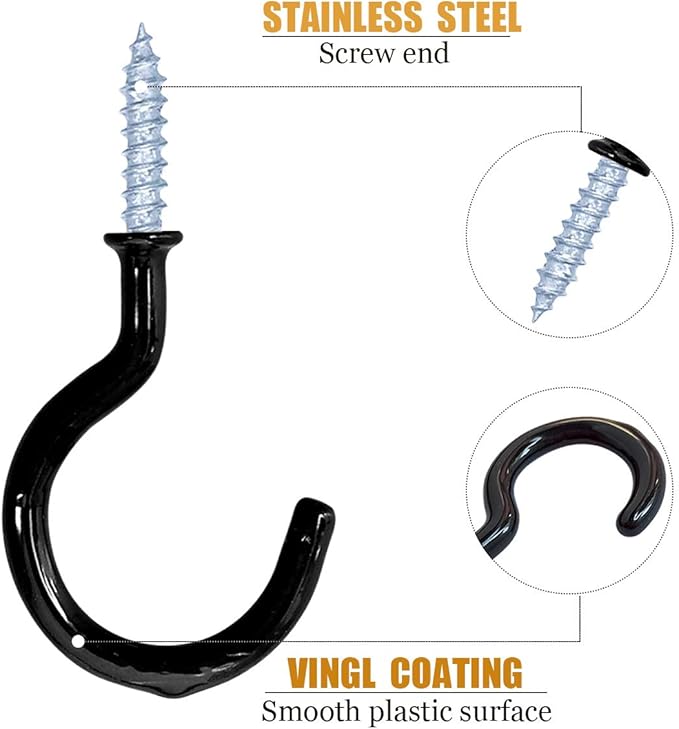 12 Pack Vinyl Coated Ceiling Hooks,Screw-in Mug Hooks,Multi-Function Wall Hooks Kitchen Hooks Cup Hooks for Indoors Outdoors (Black, 1-1/4 Inch)