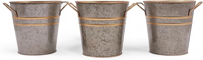 Hosley Set of 3 Zinc Finish Bucket/Pots with PVC Liner 5" Dia x 5" H, Ideal Gift for Floral Arrangements Wedding Home Office Party DIY Indoor Outdoor Garden Patio