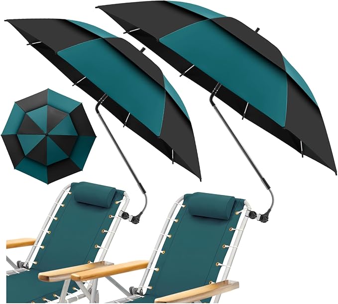 2 Pack 48.6" Double Canopy Beach Umbrella with Clamp, UPF50+ Beach Chair Umbrella with clip, 360°Adjustable Portable Outdoor(Hunter Green/Black, Not Include Chair)