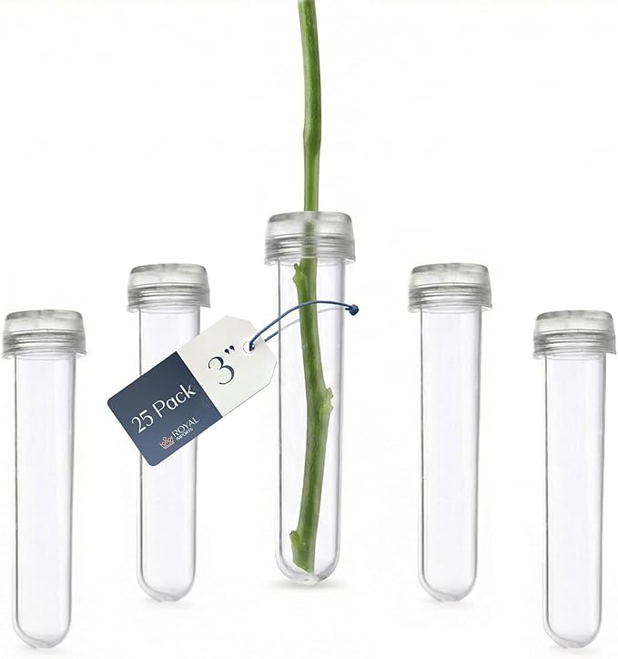 Royal Imports Floral Water Tubes with Caps – 3" Clear Plastic Flower Vials for Single Stem Roses, Buds, Bouquets – Standard Style, 1/2" Opening – 25 Pack
