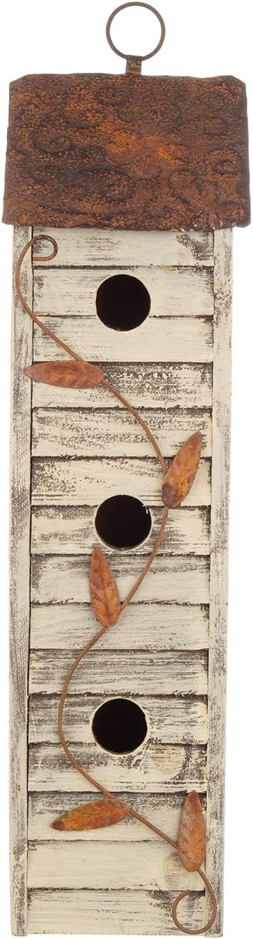 Glitzhome 18" H Wooden Bird House, Hanging Birdhouses for Outdoors, Washed White Distressed Three-Story Cottage Garden Bird House for Chickadee Cedar Wren Sparrow Finch Cardinal