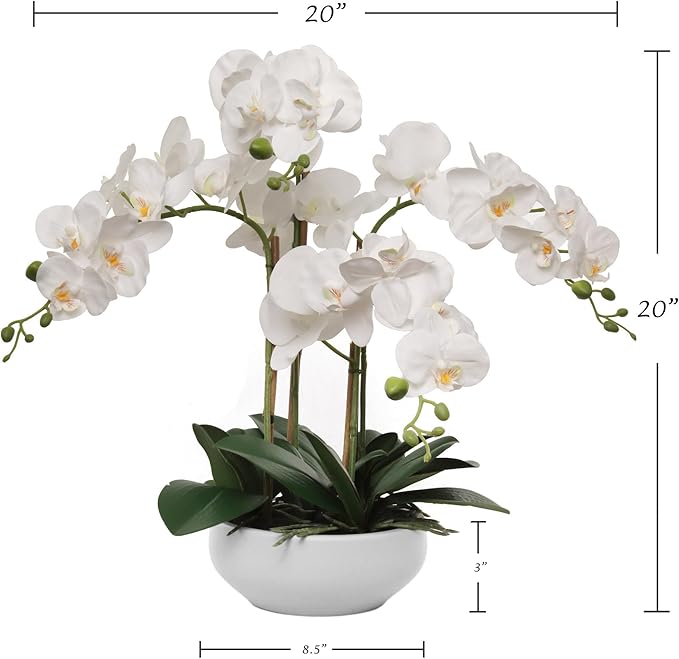 Larksilk 20" White Phalaenopsis Orchid Flowers in 8" Round White Pot | Realistic Faux Orchid | Elegant Indoor Decor for Home & Office