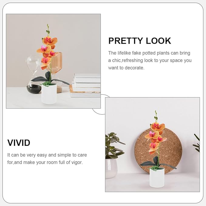 Operitacx 2pcs Artificial Potted Plant Faux Orchid Bonsai Orange Simulation Desktop Fake Orchid Flowers for Home Living Room Decoration