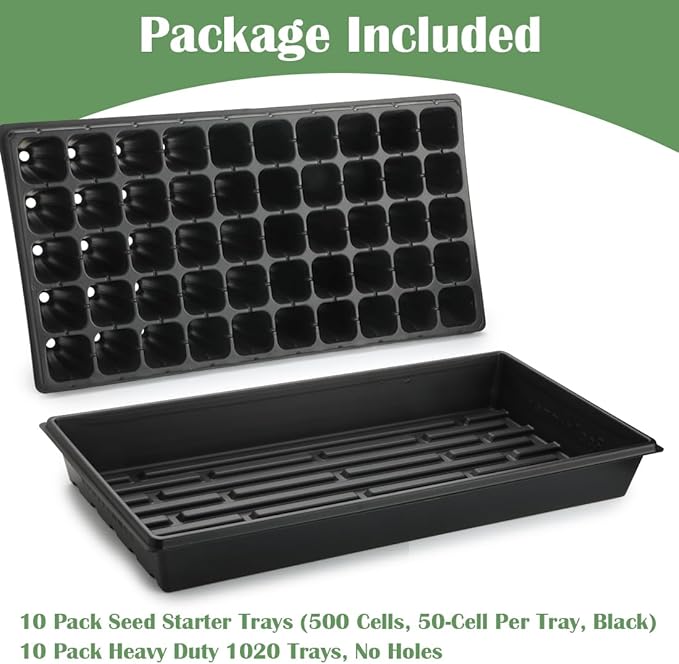 RooTrimmer 10 Pack 1020 Trays and 10 Pack 3.5" Deep 50 Cell Seed Starter Trays, 20" x 10" - Durable Plastic Nursery Flats for Microgreens, Seedling,Seed Germination & Plant Propagation (10 Set)
