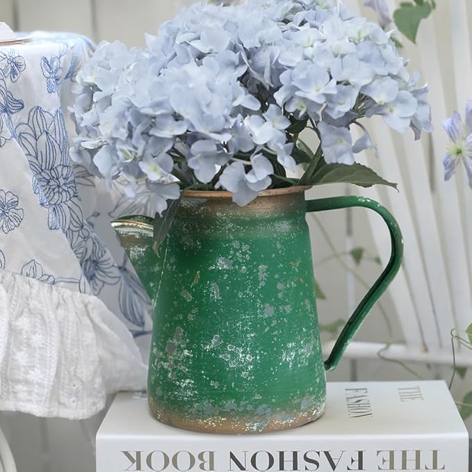 Vintage Pitcher Vase Rustic Farmhouse Vase for Flowers Vintage Metal Milk Jug Small Decorative Pitcher Shabby Chic Decor for Home, Kitchen, Bathroom, Green
