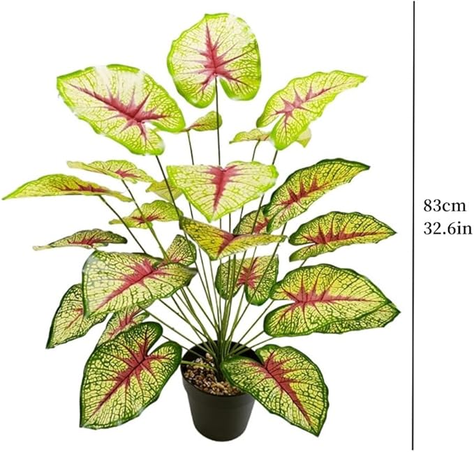 Artificial Caladium Plant with Red and Green Leaves, Red Leaf Artificial Plants Decoration Simulated Bonsai Potted Decor Home Room Party Wedding Office Floor (Yellow(No Flowerpot), 85cm)