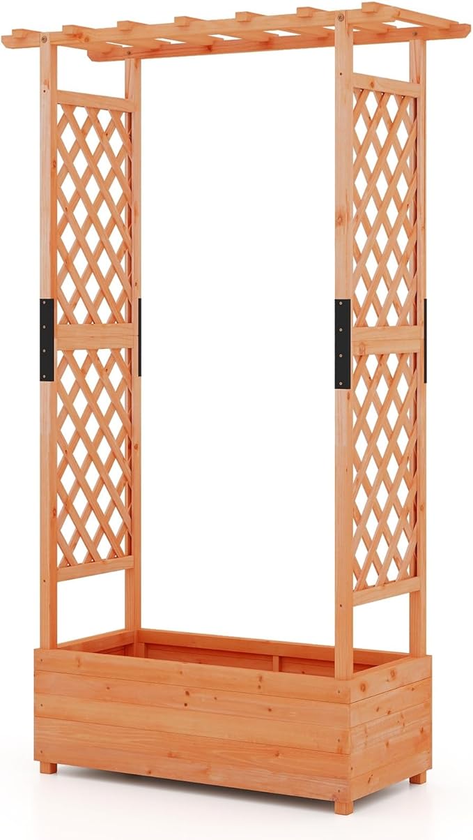 BECOMFORT Raised Garden Bed with Trellis & Hanging Roof, 72" Tall Fir Wood Planter Box with Drainage Holes, Outdoor Elevated Garden Planter for Climbing Vines (Orange, 43.5" Lx17.5 Wx72 H)
