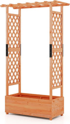 BECOMFORT Raised Garden Bed with Trellis & Hanging Roof, 72" Tall Fir Wood Planter Box with Drainage Holes, Outdoor Elevated Garden Planter for Climbing Vines (Orange, 43.5" Lx17.5 Wx72 H)