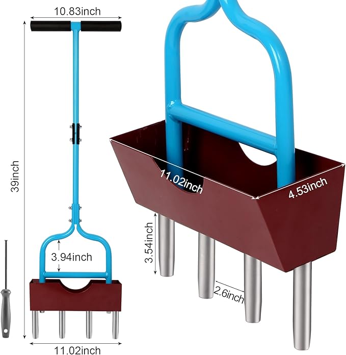Aerator Lawn Tool with Larger Soil Core Storage Tray, 38” Height Core Aerator,Manual Aerator Lawn Tool,Lawn coring Aerator with 4 Stainless Tines,Grass Aerator for Lawn Care,Tool for Garden