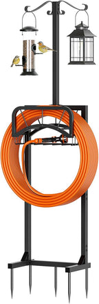 Garden Hose Holder for Outside, Upgraded Heavy Duty Freestanding Water Hose Holder Stand with 5 Spikes, Storage Basket & 2 Shepherd Hooks, Supports Up to 160 FT Hose for Yard Lawn
