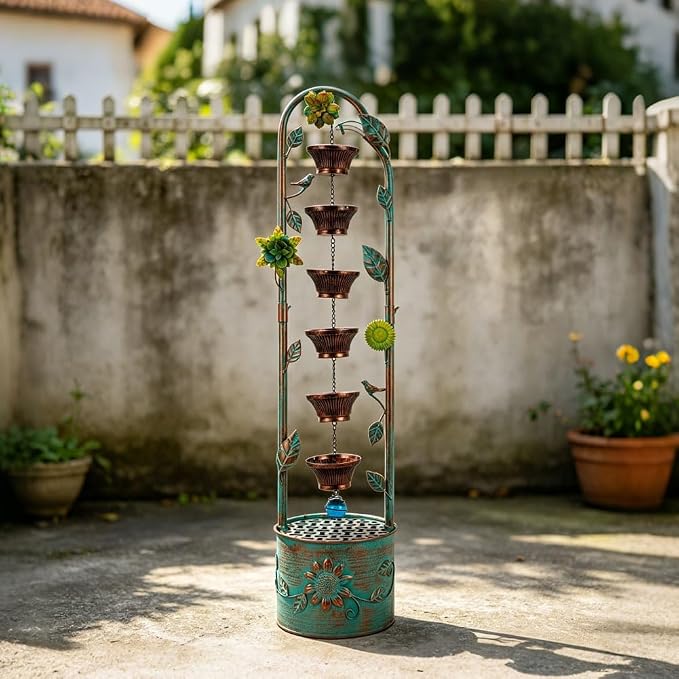 40" Vintage Metal Floor Water Fountain - Soothing Waterfall Outdoor Fountains with 6 Hanging Cups for Garden Patio Backyard Deck Decor, 1105 - Rusty Bronze Leaves