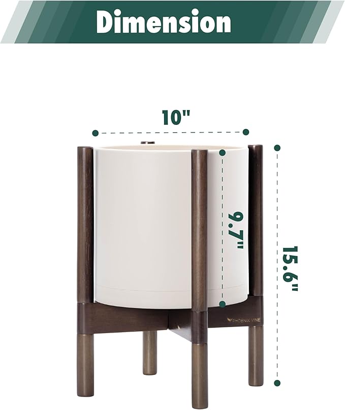 D'vine Dev Planter Pot with Stand - 10 Inch Plastic Cylinder Flower Pot with Wood Planter Holder for Indoor, Oatmeal Pot + Walnut Color Stand, 55-C-L-4