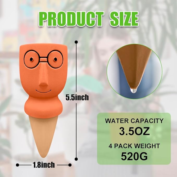 Terracotta Watering Stakes Large Head 4-Pack - Eco-Friendly Indoor/Outdoor Automatic Plant Hydration System, Delightful Slow Release Watering for Time-Saving Care