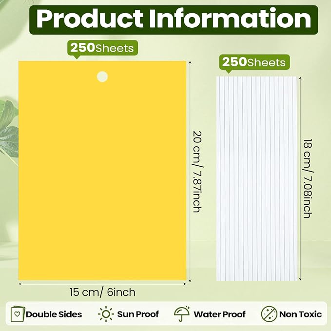 Qualirey 250 Pcs 6x8 Inch Yellow Sticky Traps for Gnats, Dual-Sided Sticky Gnat Traps for Indoor Outdoor Plants, Pest Control for Fungus Gnats, Fruit Flies, Whiteflies – Bulk Pack with Twist Ties