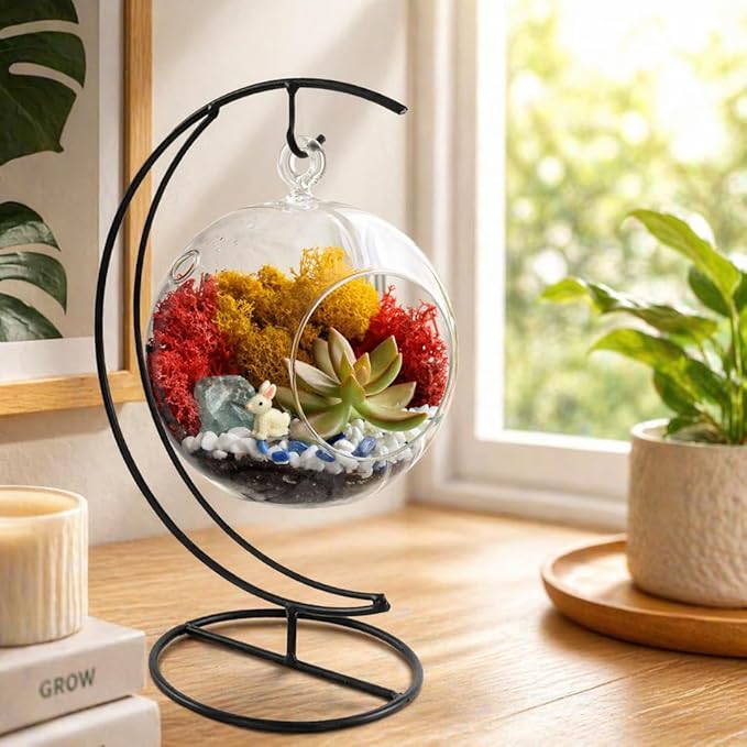 Creations by Nathalie DIY 5" DIY Globe Terrarium Kit - Build Your Own Glass Terrarium for Adults & Teens with Moss, Crystals, Tools & Decorative Figurine - Mini Ecosystem (Plant Not Included)