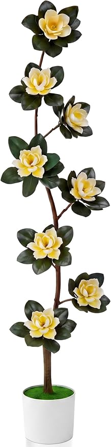 Jexine 6 ft Artificial Rubber Tree with 8 Magnolia Flowers in Pot Extra Tall Faux Magnolia Tree Fake Plant Indoor Floor Plant for Indoor Living Room Office Home Decor