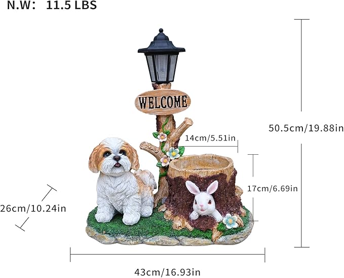 Animal Outdoor Statue Planter Solar Light Welcome Garden Sculpture Resin Flower Pot Decorative Porch Patio Yard Lawn Entryway Figurine with LED Lamp Rustic Plant Holder Ornament Courtyard (E)