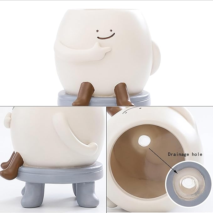 EOBTAIN Cute Smily Face Planter Pot Head Unique Sit Bench Succulent Pots Flower Cactus Pots with Drainage Holes Resin Planters Decorative Pots for Plants Indoor Garden,Gifts for Plant Lovers