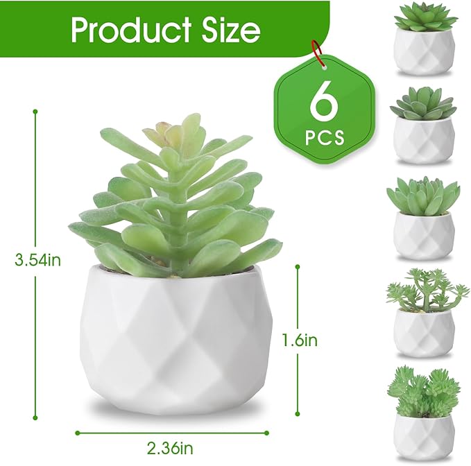 ZINHO Fake Succulent Plant Set 6 PCS Artificial Succulent Plants for Desk Realistic Faux Succulents in Plastic Pots Mini Colorful Succulent Decor for Bedroom Bathroom Office Shelf Decor (Green)