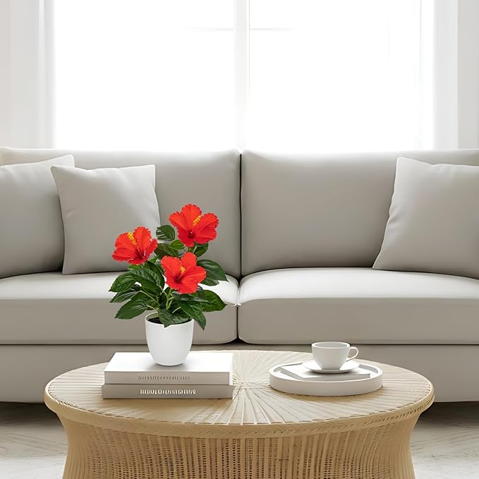 Briful Artificial Hibiscus Flowers in Pot, 14.5’’ Faux Hibiscus Plant, Spring Summer Flowers for Home Decor, Farmhouse Table Decor & Coffee Table Decor, Indoor Potted Fake Flower, Red