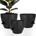 QRRICA Self-Watering Plant Pots with Water Level Indicator, Drainage Holes & Saucers – 12/10/9 Inch Large Plastic Planter Set for Indoor & Outdoor Plants (Pure Black)