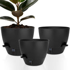 QRRICA Self-Watering Plant Pots with Water Level Indicator, Drainage Holes & Saucers – 12/10/9 Inch Large Plastic Planter Set for Indoor & Outdoor Plants (Pure Black)