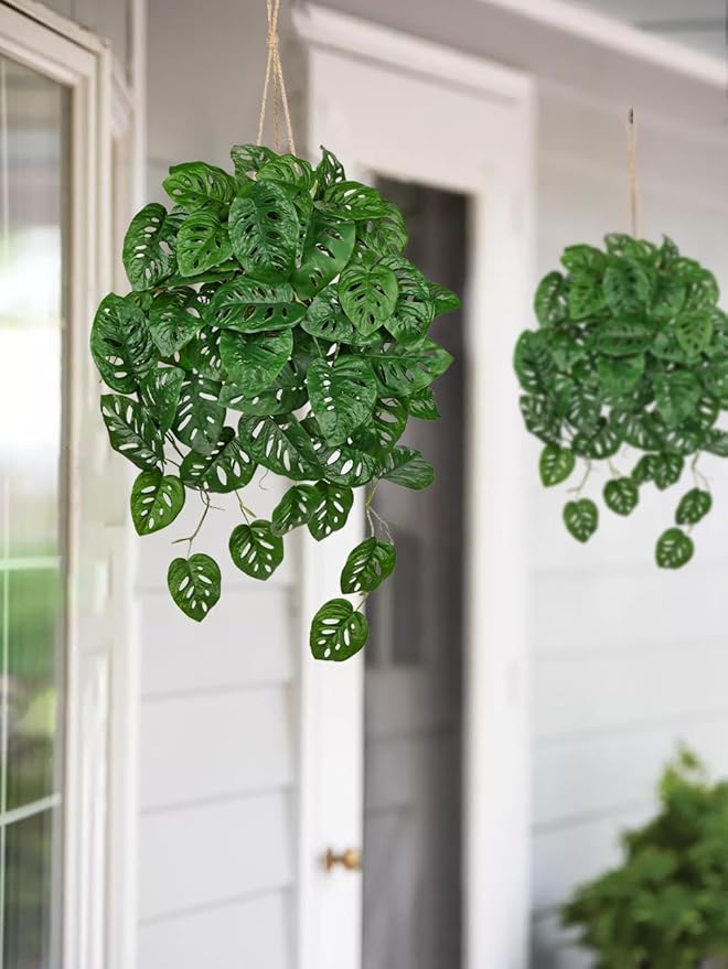 Large Fake Hanging Plants in Pot for Indoor & Outdoor, Long Artificial Monstera Albo Long Plants, 27.6" Fake Potted Vines Ivy Greenery Plant for Room Wall Shelf Decor Living Room Bathroom Patio Porch