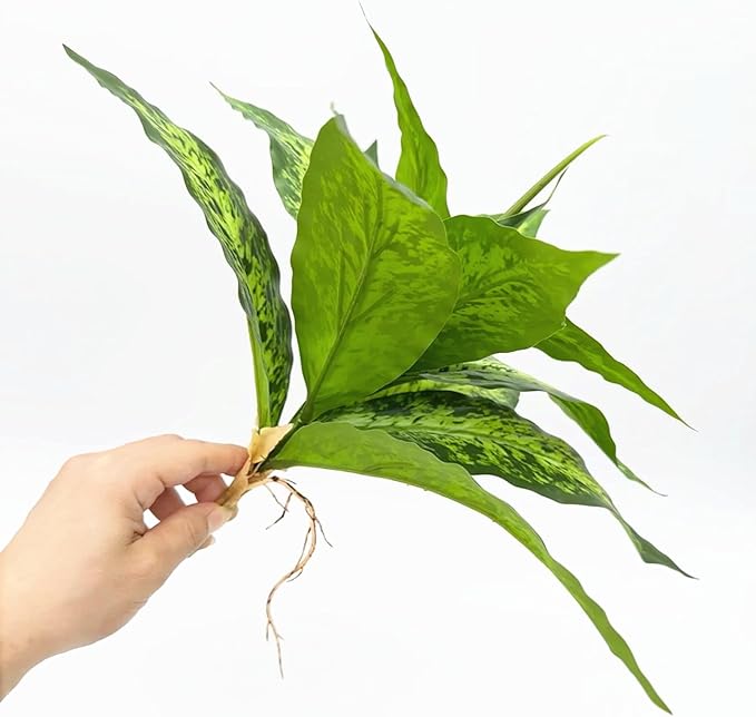 PASYOU Artificial Aglaonema Plants, Green Speckled Leaves 2 Pack, Fake Magnolia Grass Plant, Faux Plastic Leaves Shrubs, Indoor Outdoor Decor Home Garden Yard Table Planter Filler Decorations - Green