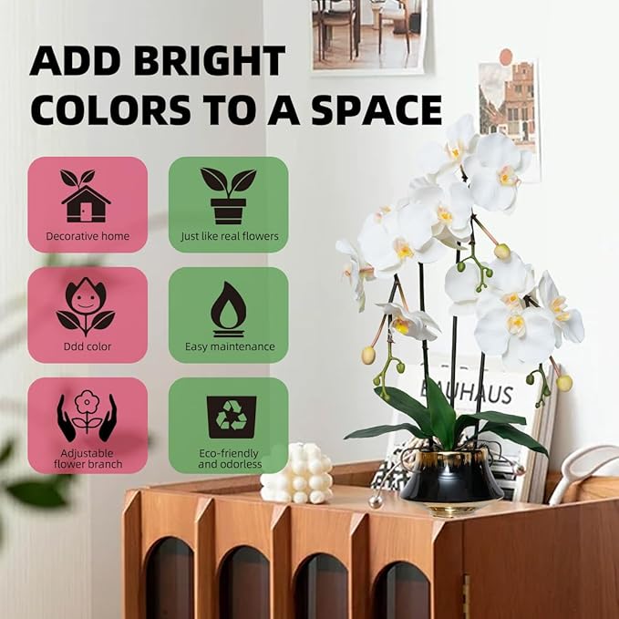 CXGS Orchids Artificial Flowers Realistic Fake Flowers in Ceramic Vase 20" White Faux Plants Indoor Lifelike Soft PU Phalaenopsis for Centerpiece Hotel Home Decor