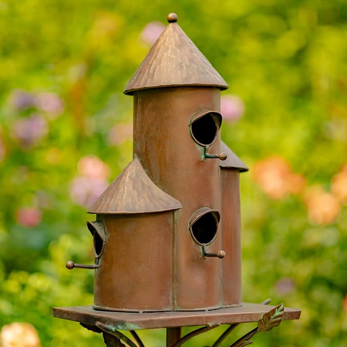 Zaer Ltd. Large Copper Colored Multi-Birdhouse Stakes, Room for 4 Bird Families in Each (Tall Triple Cylinder Homes (Copper Color))