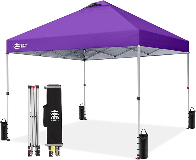 CROWN SHADES 10x10 Pop Up Canopy - Beach Tent with One Push Setup - Easy Outdoor Sun Shade for Events, Parties, Camping - Gazebo with STO-N-Go Cover Bag, Silver Coated Top, Purple