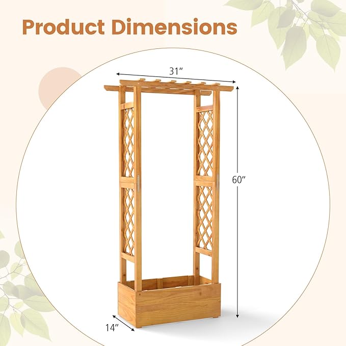 Happygrill 60" Raised Garden Bed with Trellis, Wood Planter Box w/Hanging Roof, 2 Side Trellises, Open-Ended Base for Flower, Climbing Plant, Plant Container for Garden